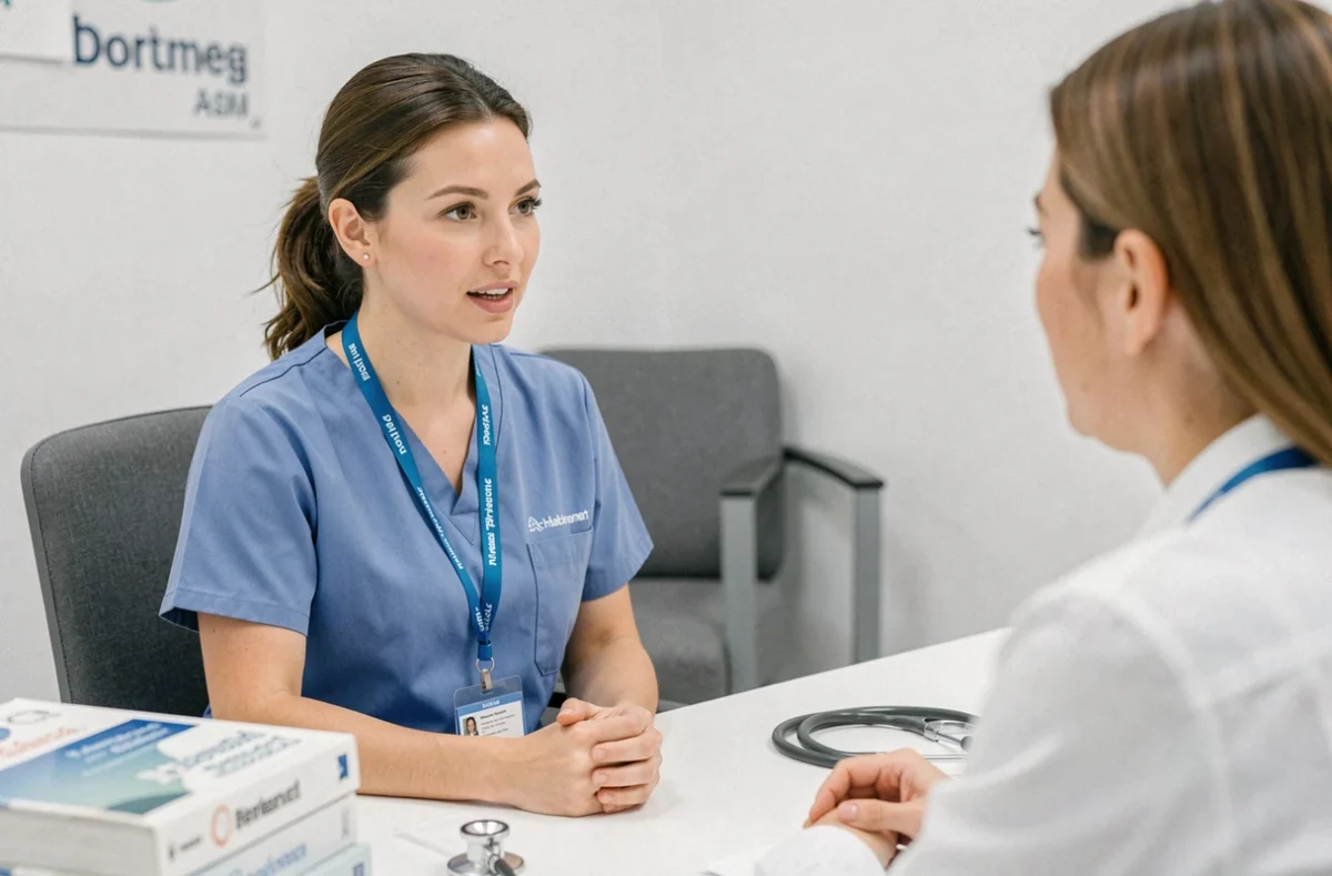 Infirmière en tenue médicale rencontrant un conseiller Adecco Medical spécialisé dans le recrutement intérim santé à Lyon
