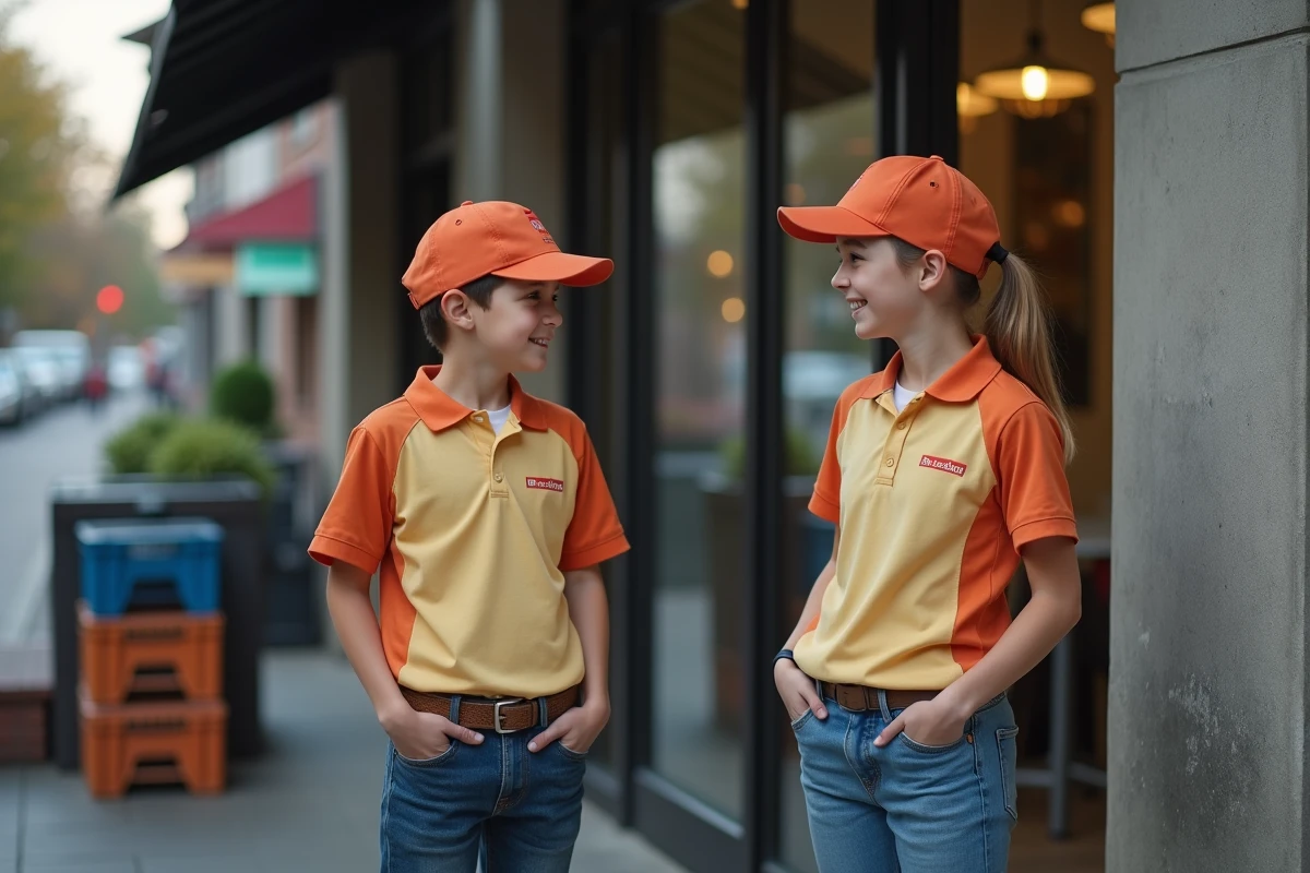 Deux adolescents de 16 ans en uniforme de fast-food discutant lors d'une pause à l'extérieur d'un restaurant McDonald's