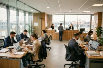 Vue d'ensemble d'une agence d'intérim moderne à Lyon avec des conseillers en emploi et des candidats dans un open space professionnel