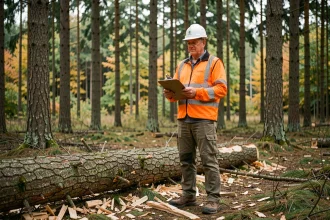 Agent forestier de Techniforet inspectant une coupe de bois en forêt de conifères