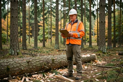 Agent forestier de Techniforet inspectant une coupe de bois en forêt de conifères