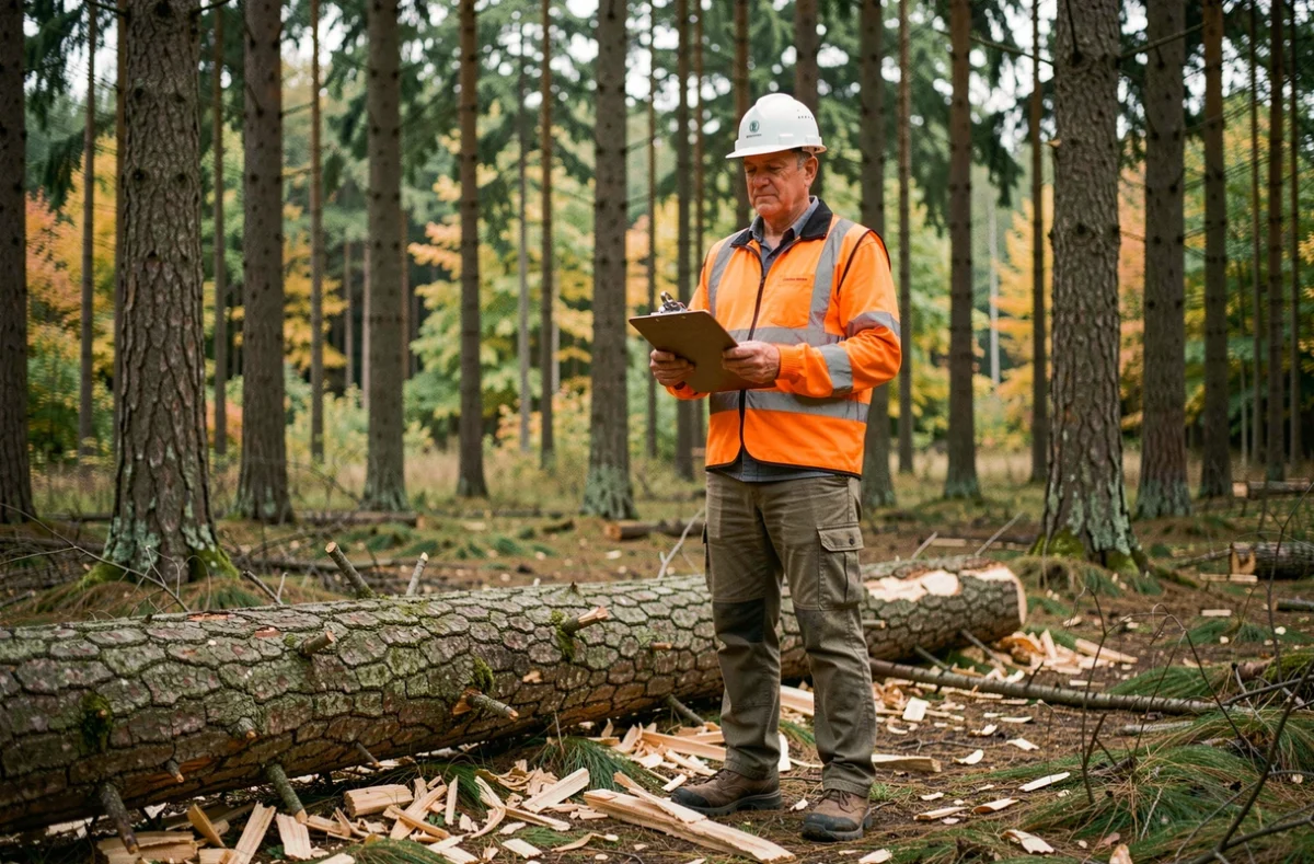 Agent forestier de Techniforet inspectant une coupe de bois en forêt de conifères