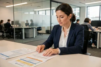 Femme cadre intermédiaire analysant une grille indiciaire de carrière dans un bureau professionnel moderne