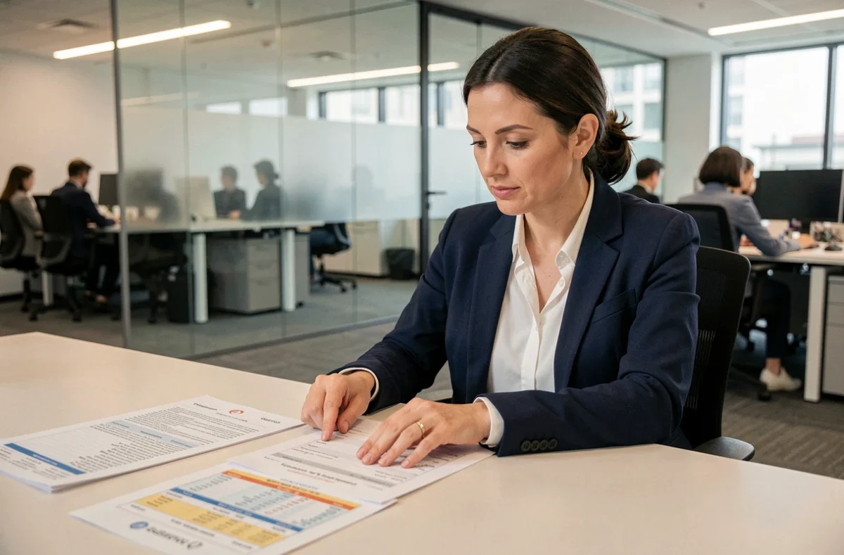 Femme cadre intermédiaire analysant une grille indiciaire de carrière dans un bureau professionnel moderne