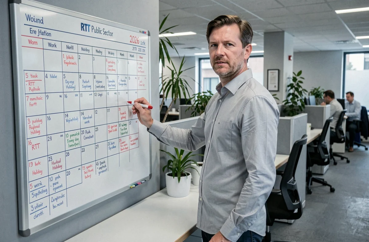 Agent de la fonction publique annotant un calendrier mural avec les jours ouvrables et RTT pour 2026
