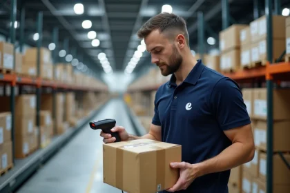 Agent logistique scannant un colis sur un tapis roulant dans un hub de tri Mondial Relay à Lieusaint