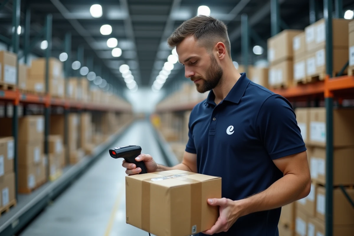 Agent logistique scannant un colis sur un tapis roulant dans un hub de tri Mondial Relay à Lieusaint