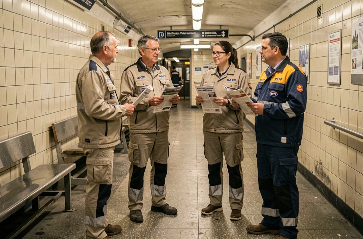 Groupe d'agents RATP discutant de leur représentation syndicale dans les couloirs du métro parisien