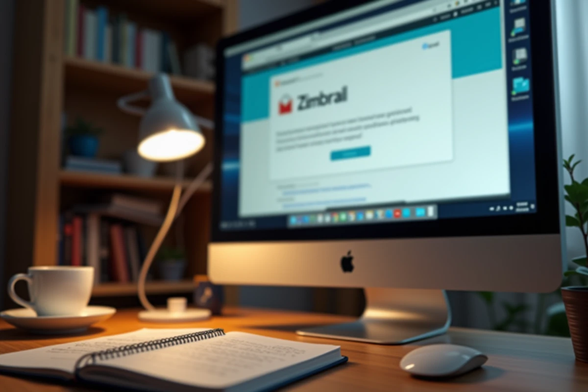 Écran d'ordinateur affichant une alerte de suspension de compte Zimbra avec un carnet de notes sur le bureau