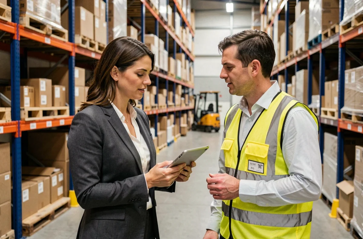Recruteuse spécialisée en logistique et supply chain dans un entrepôt avec un opérateur