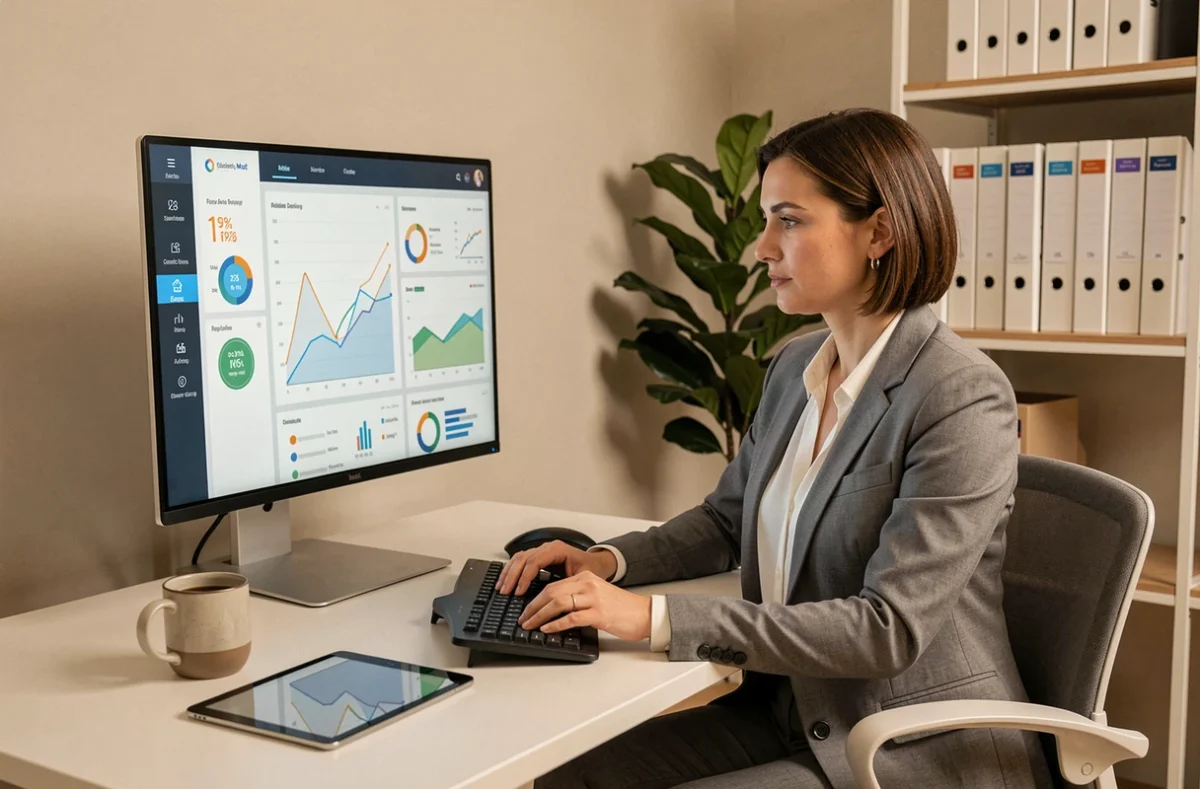 Professionnelle analysant des données clients sur un tableau de bord numérique dans un bureau d'entreprise