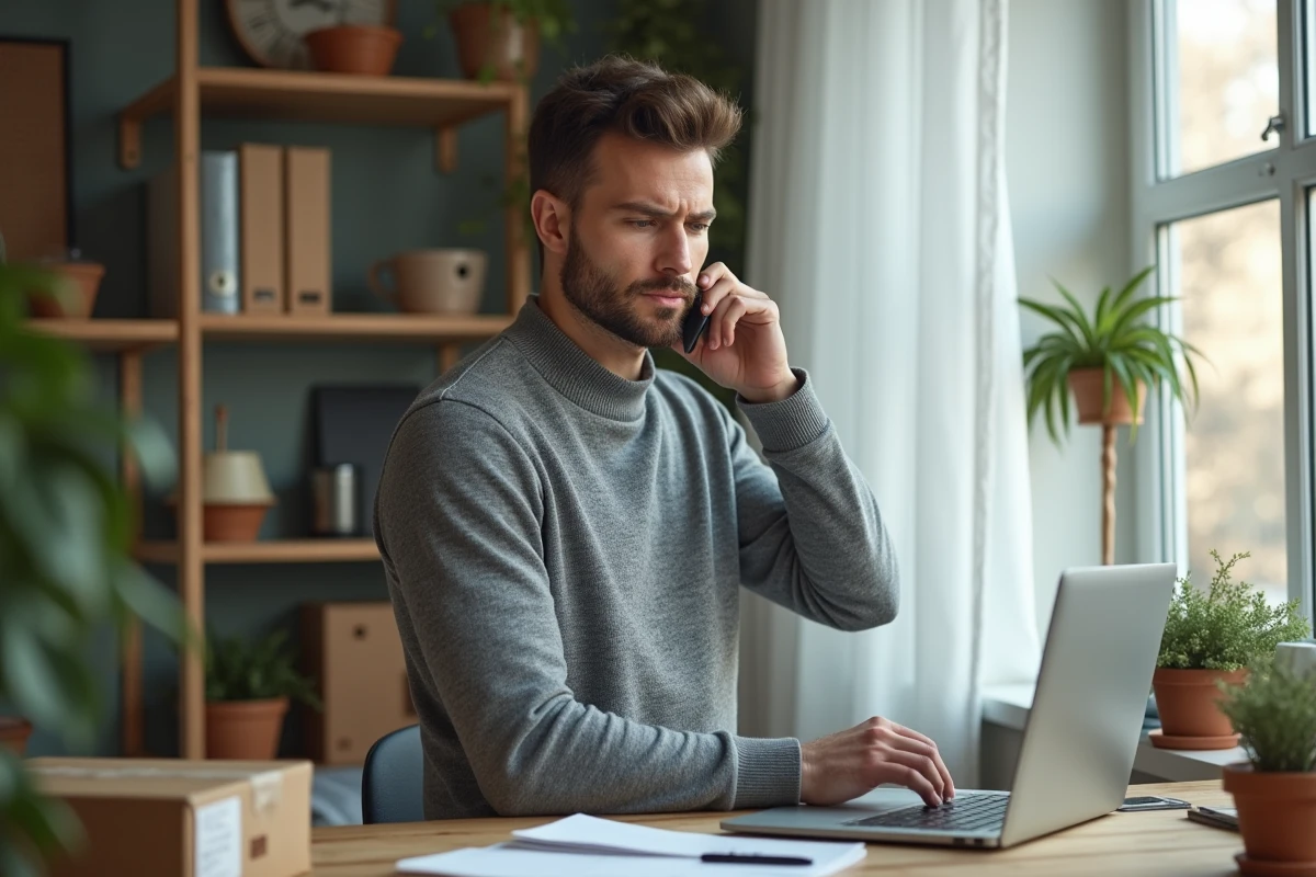 Un homme contacte le service téléphonique DB Schenker depuis son bureau à domicile avec un smartphone pour suivre un colis