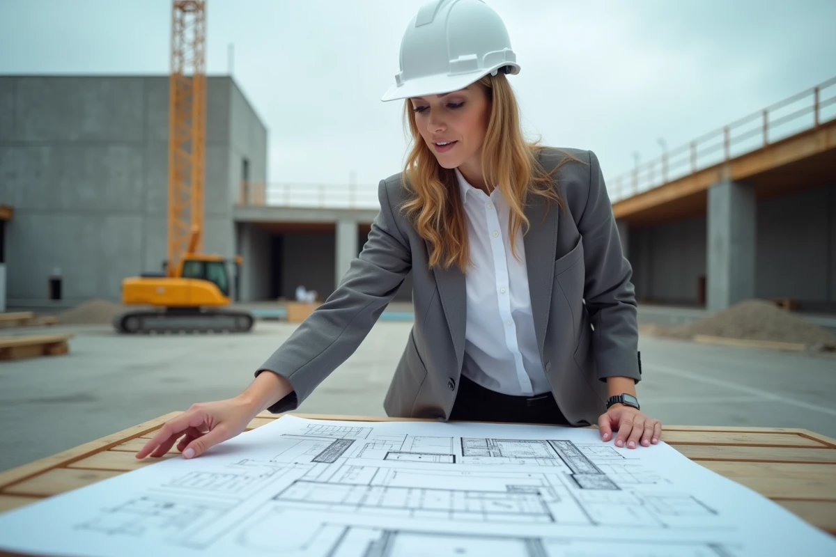 Architecte femme sur chantier BTP consultant des plans de construction pour petits et gros travaux