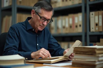 Homme d'âge moyen examinant des dossiers d'archives dans un bureau