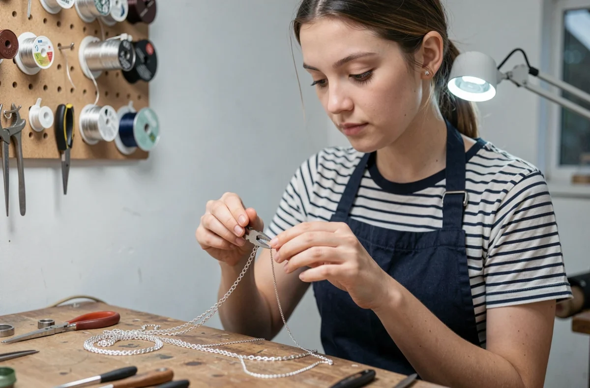 Artisane bijoutière assemblant un collier en argent sur son établi dans un atelier artisanal moderne et épuré