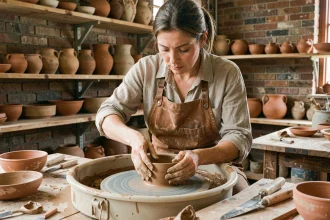 Artisane céramiste en tablier de cuir façonnant un bol en argile sur un tour de poterie dans son atelier rustique