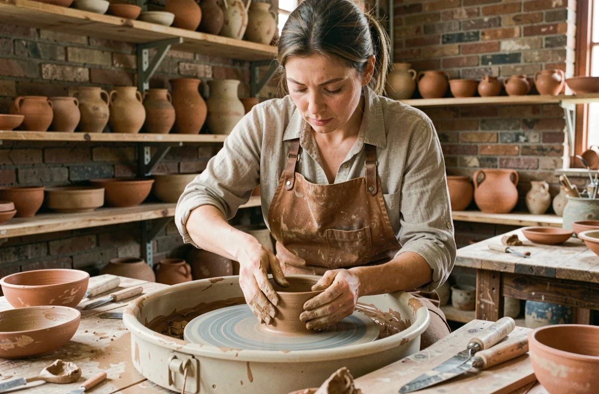 Artisane céramiste en tablier de cuir façonnant un bol en argile sur un tour de poterie dans son atelier rustique