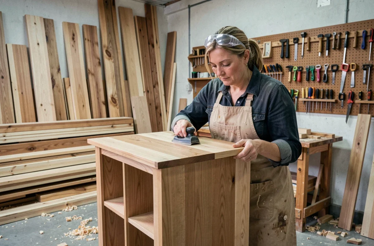 Artisane menuisière ponçant un meuble en bois dans son atelier de charpenterie avec des outils vintage en arrière-plan