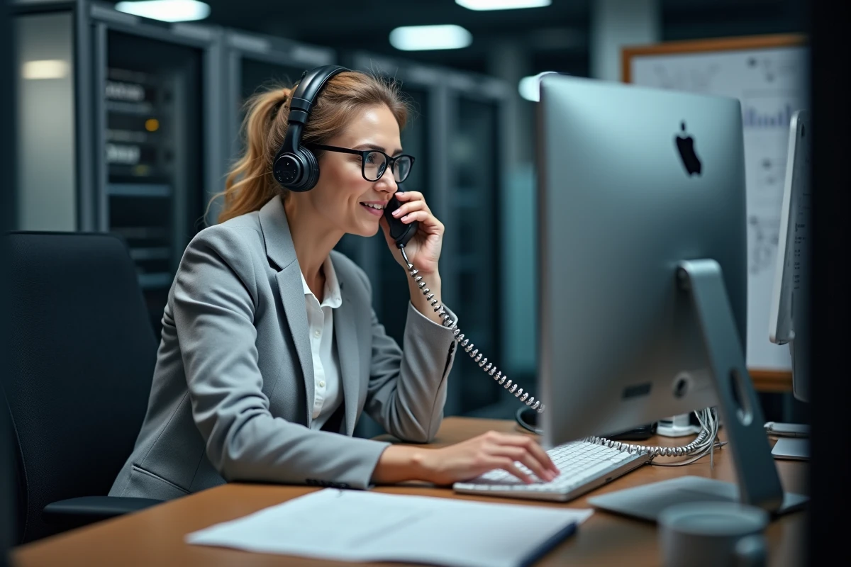 Technicienne informatique gérant un compte de messagerie désactivé depuis un bureau d'assistance IT