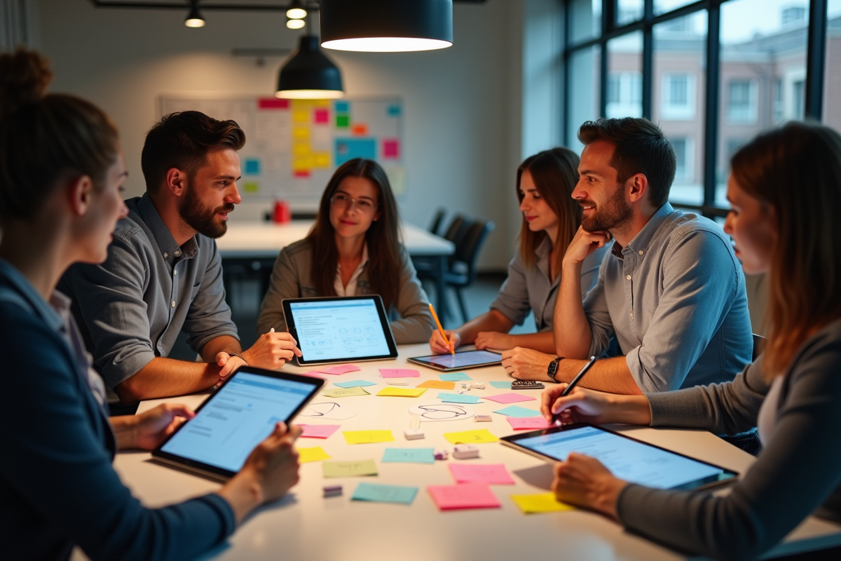 Groupe en brainstorming avec notes et tablettes pour publicite social media