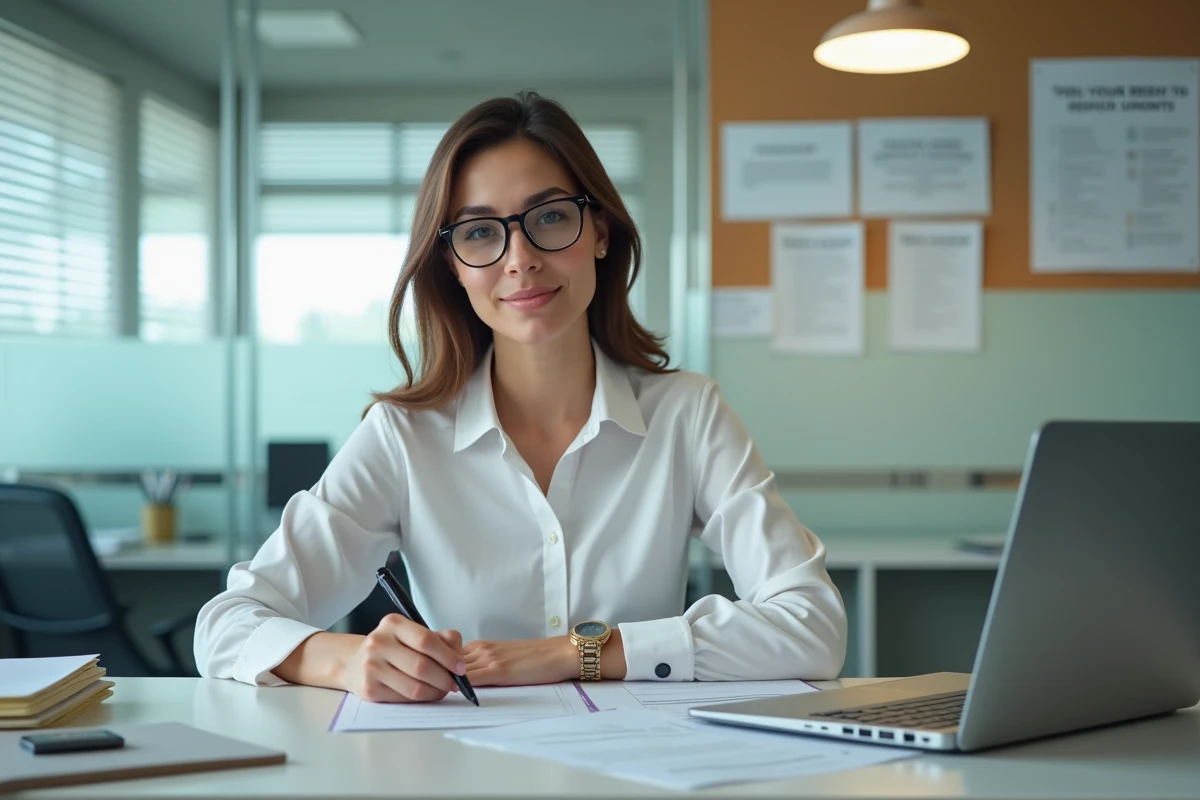 Employée administrative remplissant des formulaires CCCP13 pour des travailleurs intérimaires dans un bureau portuaire