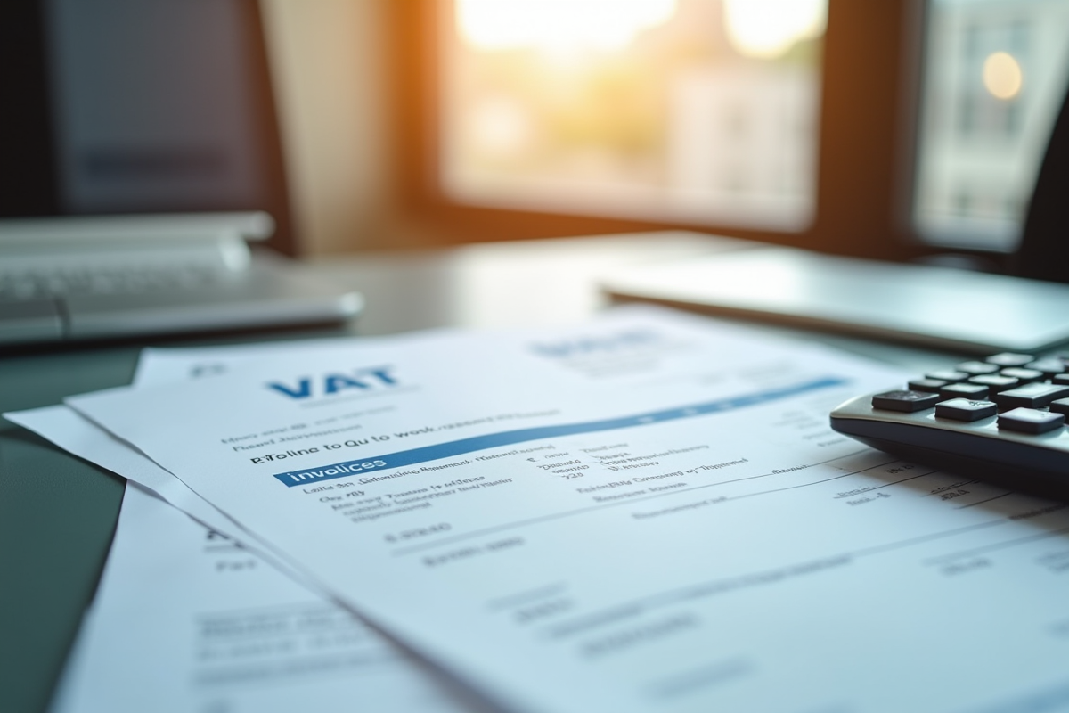 Vue rapprochée d'un bureau professionnel avec facture et calculatrice