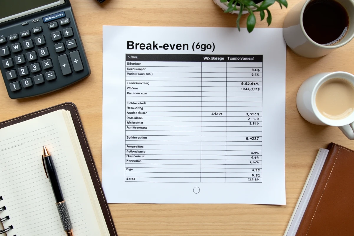 Vue aérienne d'un bureau avec calculatrice et feuille de calcul du seuil de rentabilité pour consultant B2B indépendant