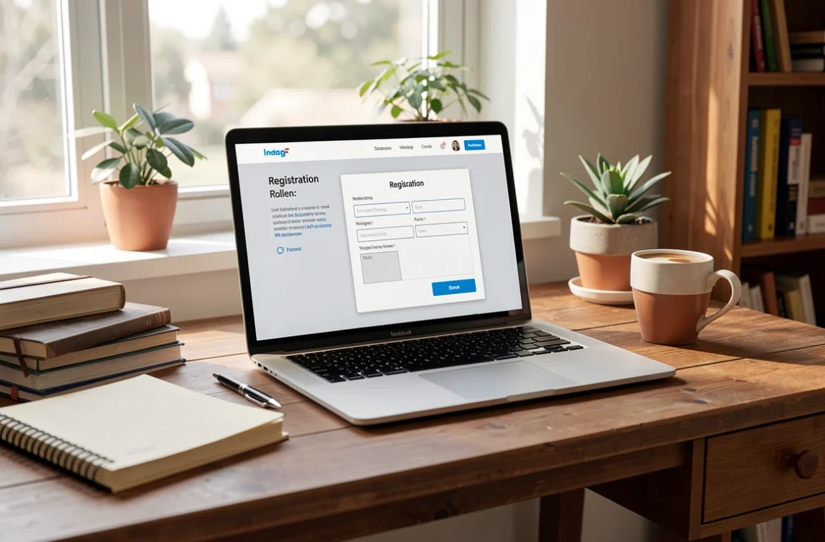 Bureau d'un créateur d'entreprise avec ordinateur et formulaire en ligne