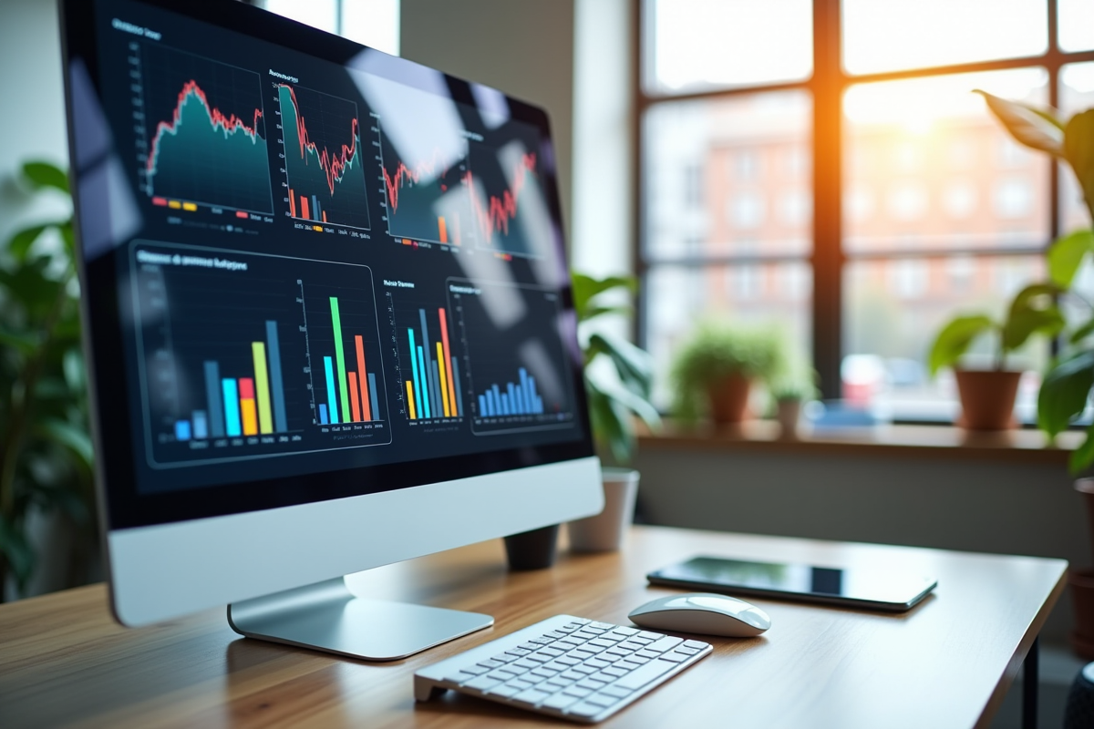 Espace de travail moderne avec écran affichant des graphiques KPI