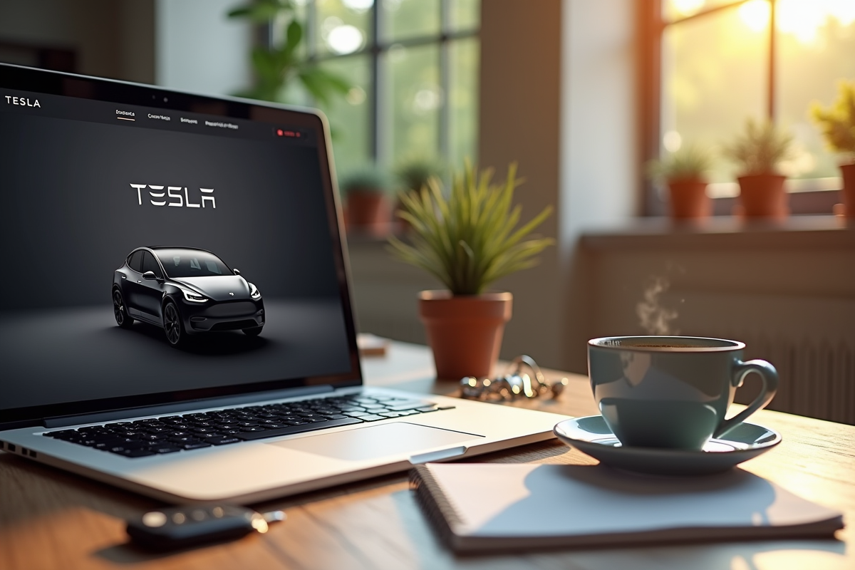 Bureau avec ordinateur affichant le site Tesla et clés électriques