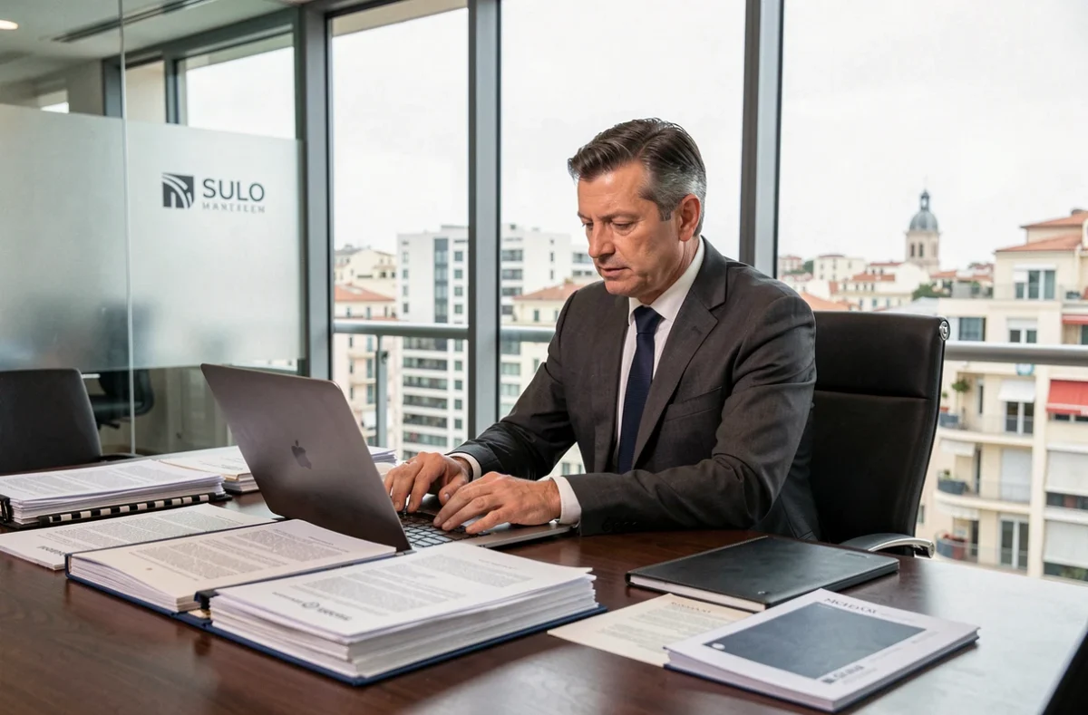 Avocat associé du cabinet GB2A Avocats en réunion dans un bureau moderne avec vue sur Marseille