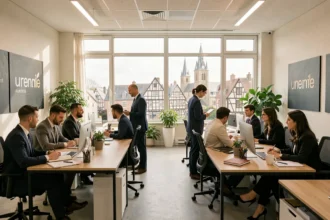 Vue panoramique d'un cabinet de recrutement moderne en Normandie avec des recruteurs professionnels au travail