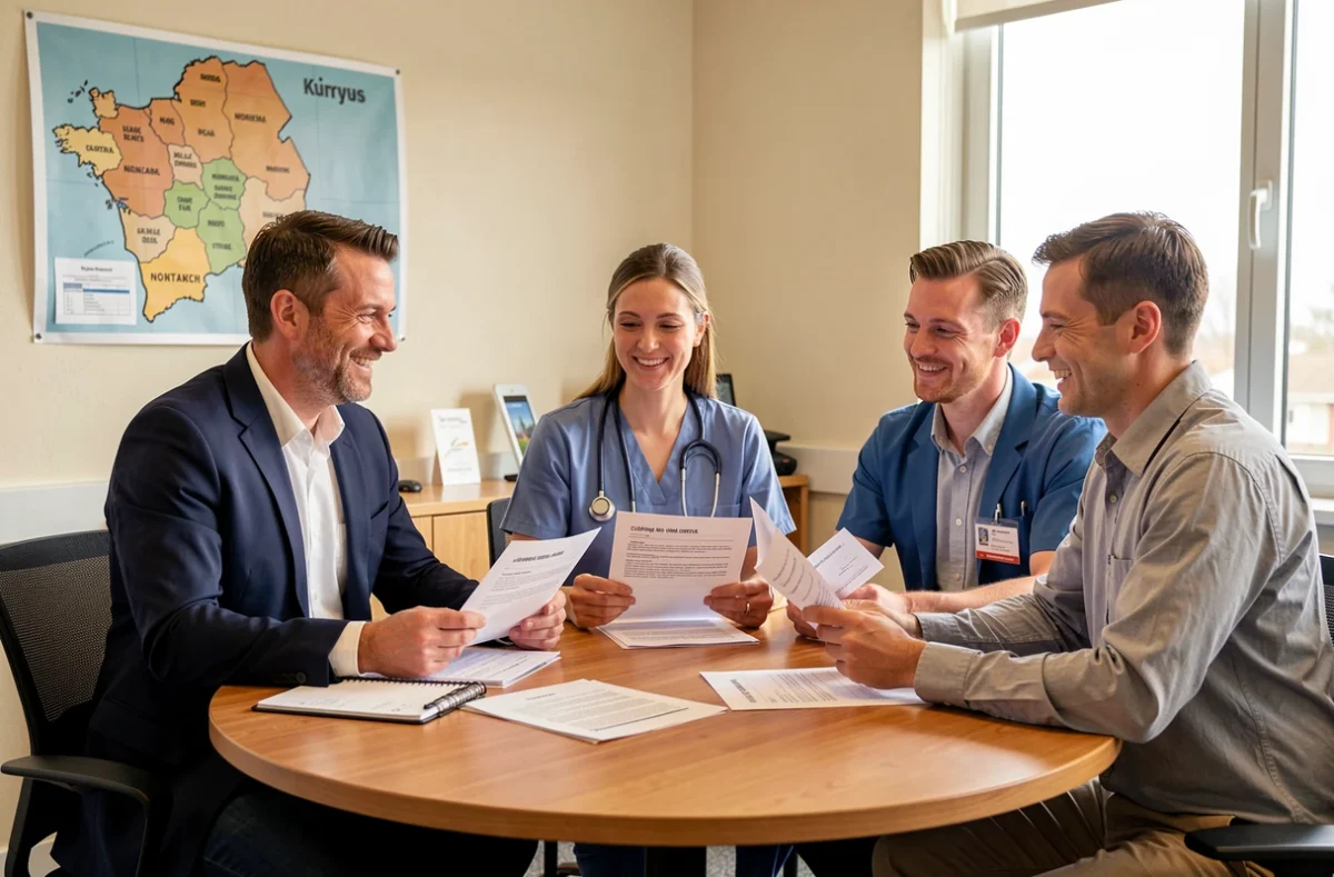 Recruteur du CabRH en réunion avec des candidats de secteurs variés dans un bureau ancré en Normandie