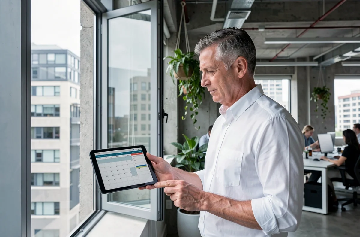 Cadre consultant un calendrier 2026 sur tablette dans un bureau moderne pour gérer son équilibre travail-vie personnelle