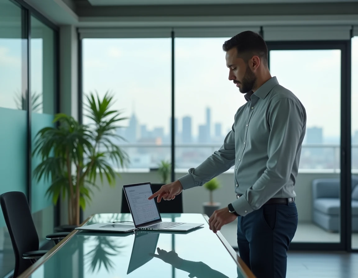 Employé consultant un tableau de calcul d'ancienneté salariale sur un ordinateur portable dans un bureau moderne