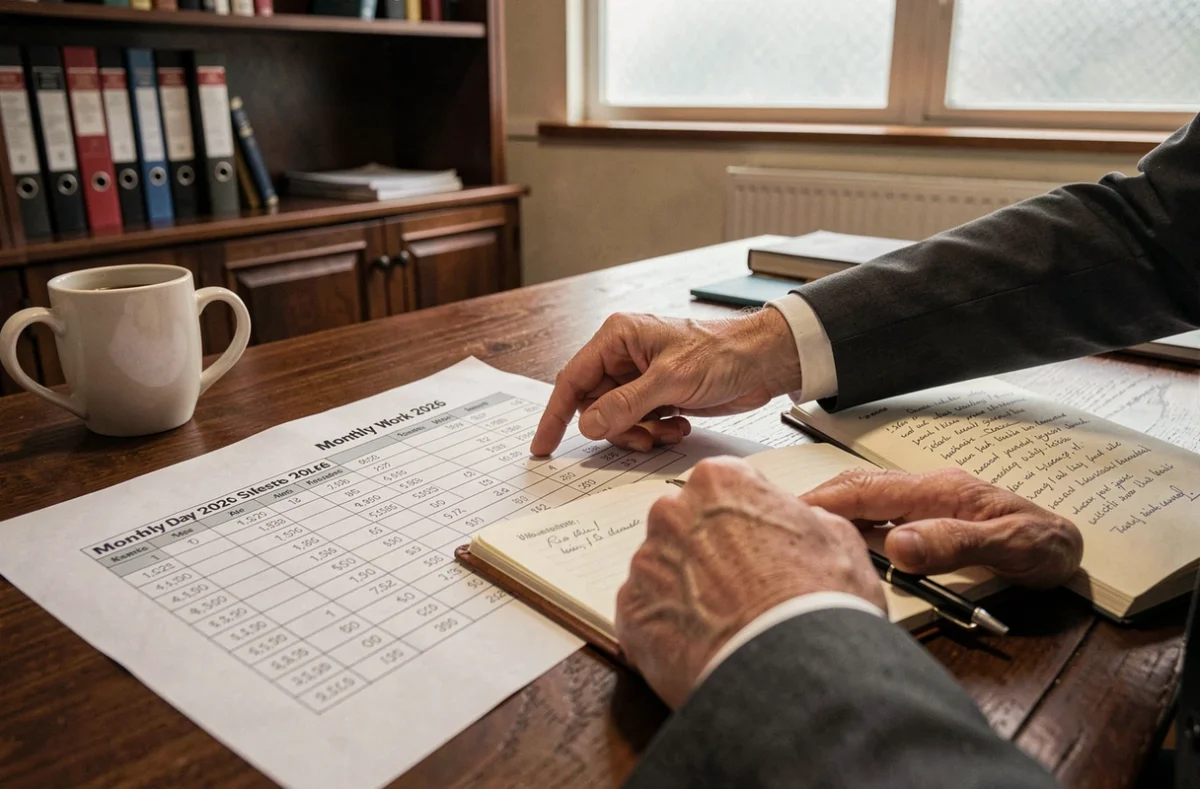 Mains d'un cadre de la fonction publique consultant un tableau de calcul des jours travaillés 2026 sur un bureau