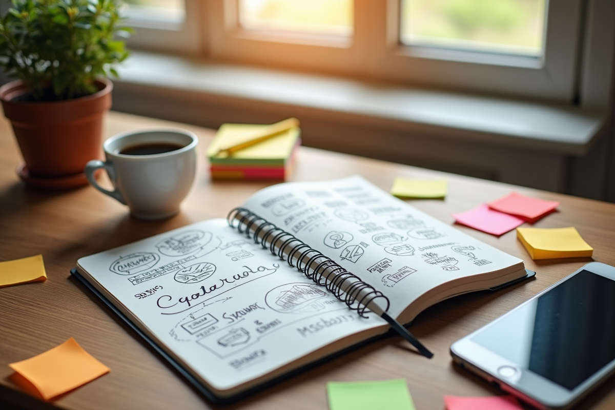 Carnet ouvert avec idées écrites, tasse de café et notes colorées sur un bureau en bois
