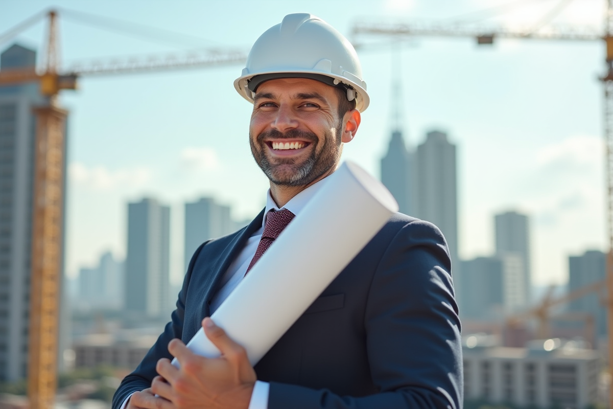 Architecte souriant sur un chantier avec skyline et grues