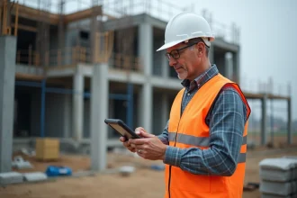 Chef de chantier consultant un tableau de bord de suivi d'équipe sur une tablette numérique sur un chantier BTP actif