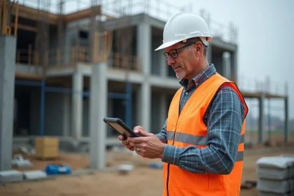 Chef de chantier consultant un tableau de bord de suivi d'équipe sur une tablette numérique sur un chantier BTP actif