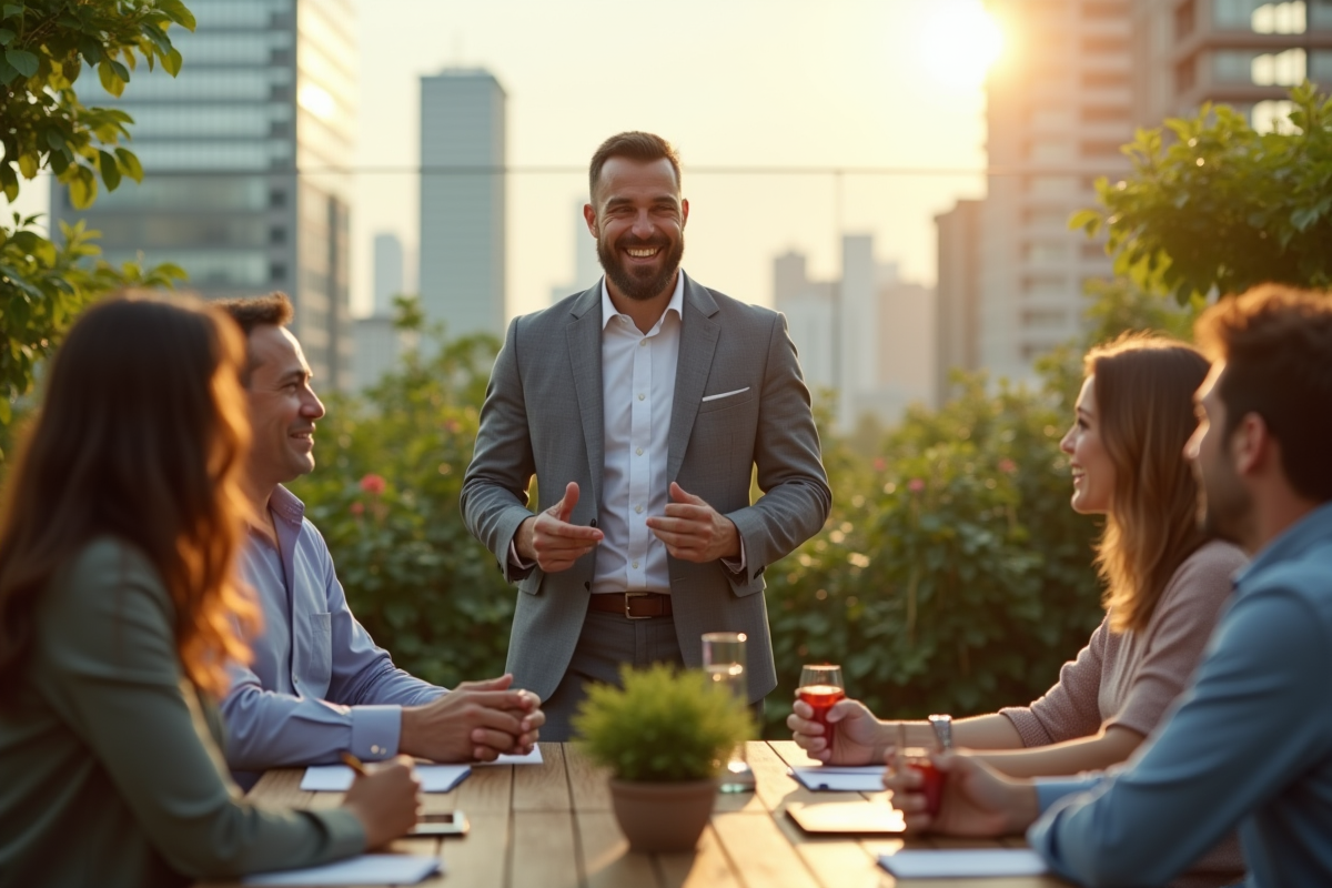 Manager confiant en réunion en plein air sur un toit vert