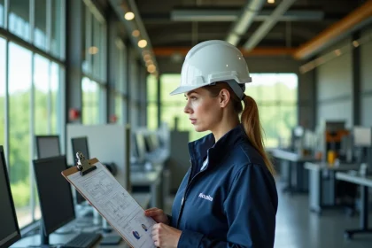 Cheffe de projet en visite dans un pôle éco-industriel moderne, examinant des schémas techniques dans un environnement de production durable en 2026