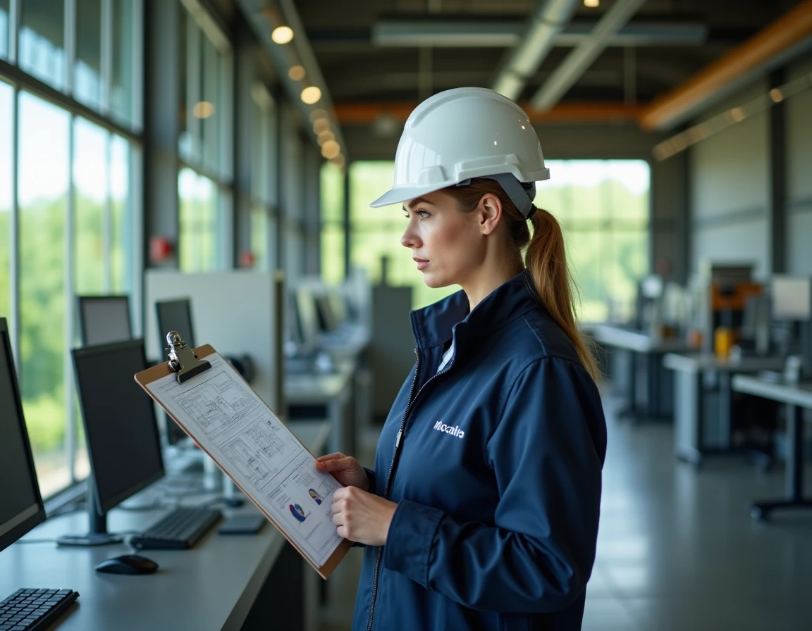 Cheffe de projet en visite dans un pôle éco-industriel moderne, examinant des schémas techniques dans un environnement de production durable en 2026