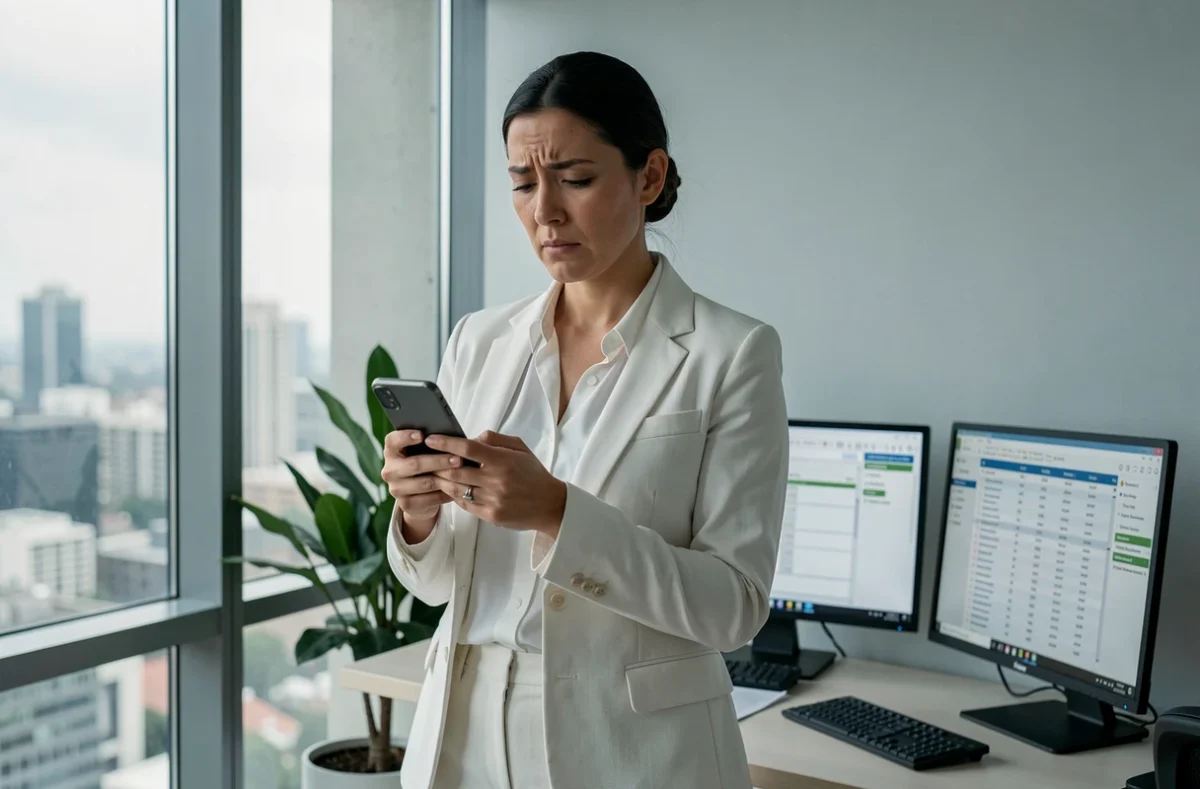 Cheffe d'entreprise concentrée consultant son smartphone dans un bureau moderne avec vue sur la ville