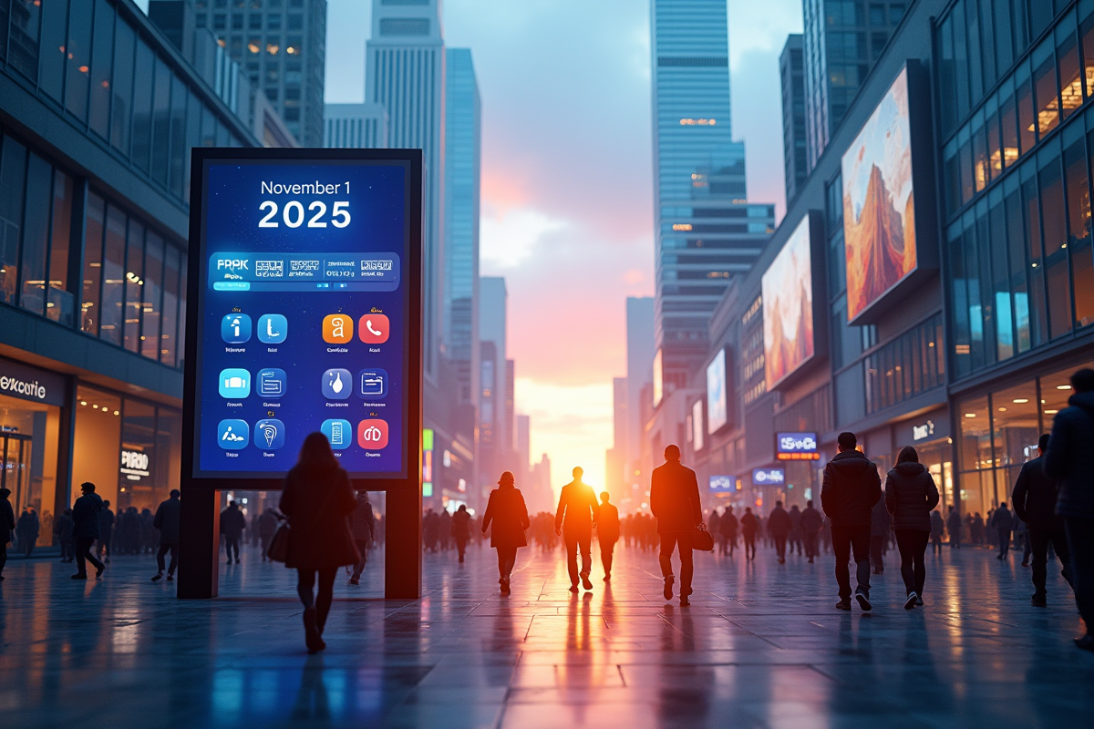 Paysage urbain moderne au lever du soleil avec affichage digital