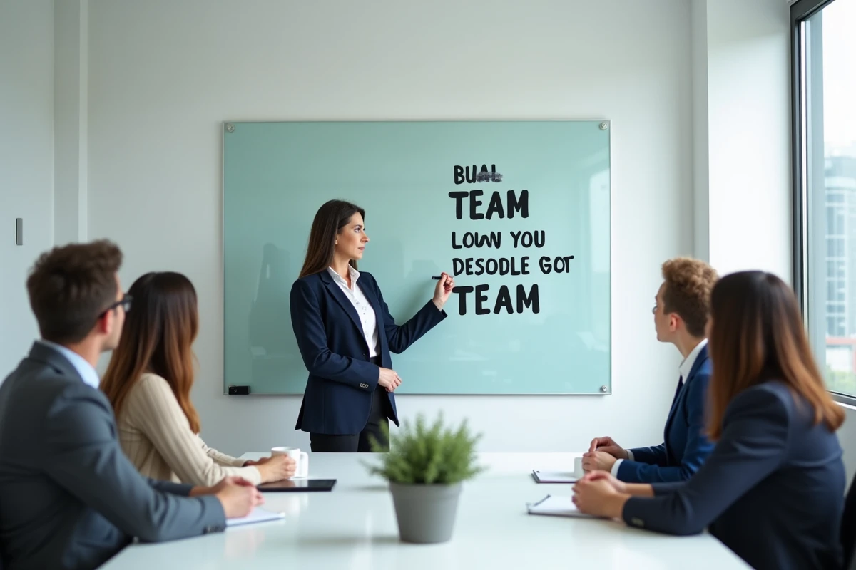 Femme professionnelle écrivant une citation sur l'esprit d'équipe au tableau lors d'une réunion avec des collègues attentifs en arrière-plan