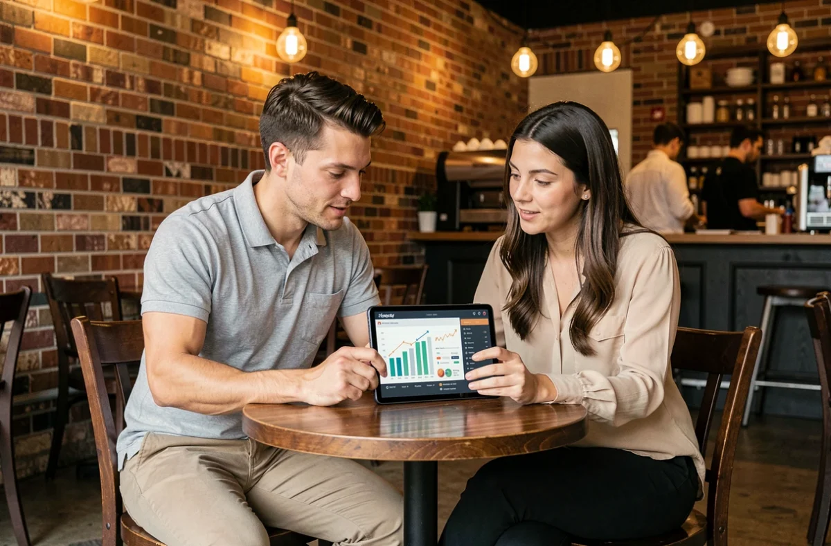 Deux débutants en investissement crypto collaborant sur une tablette dans un café urbain pour apprendre les bases du trading