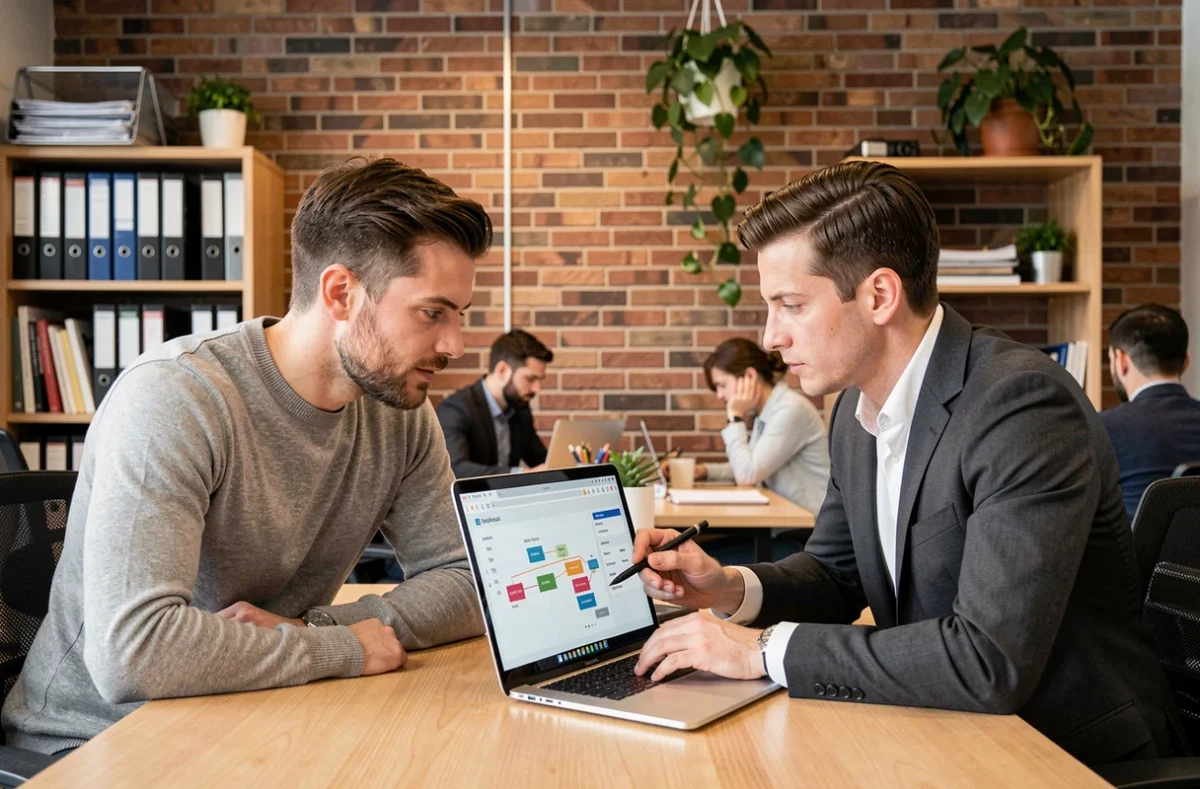 Deux professionnels B2B collaborant sur une stratégie de vente numérique dans un espace de coworking