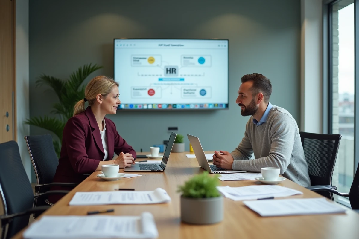 Deux professionnels RH collaborant autour d'une table de réunion avec des rapports et ordinateurs portables