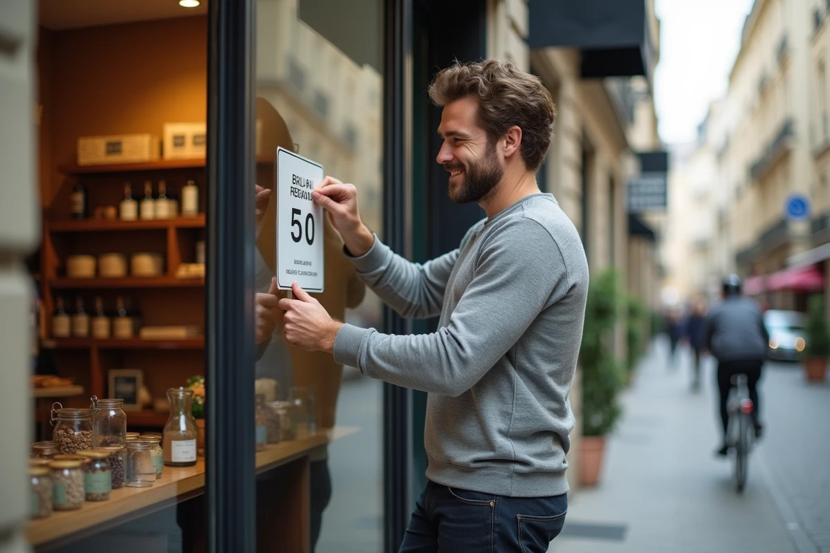 Commerçant parisien appliquant un sticker publicitaire personnalisé sur la vitrine de son épicerie dans le Marais